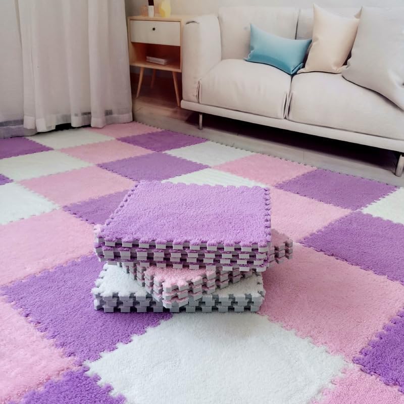 JADERLU 16pcs 0.6" Thickened Interlocking Tile Mats,Fluffy Shaggy Soft EVA Foam Area Rug for Living Room & Bedroom,Non-Slip Protective Floor Carpet Play Mat Kids Baby Dorm Home Decor (11.8ft, Purple) - Image 5